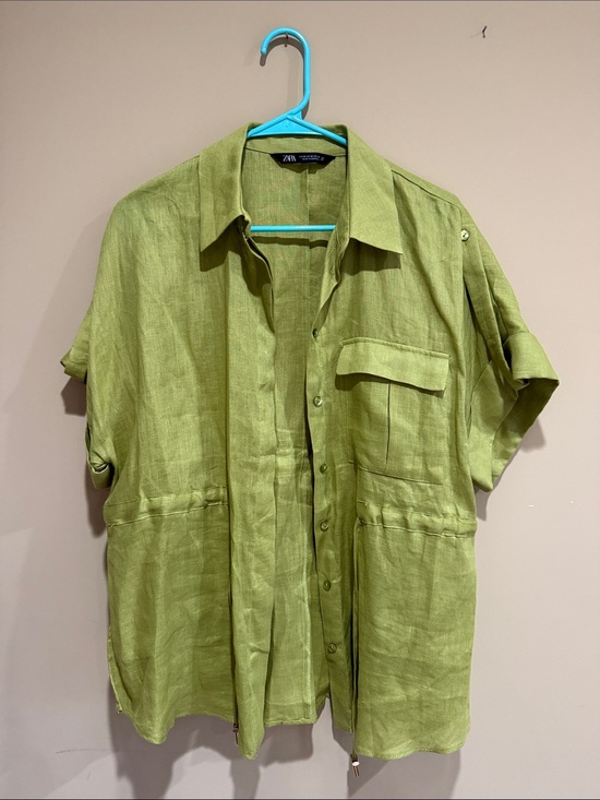 Zara Other - Zara Olive Green Short-Sleeve Linen Shirt Jacket